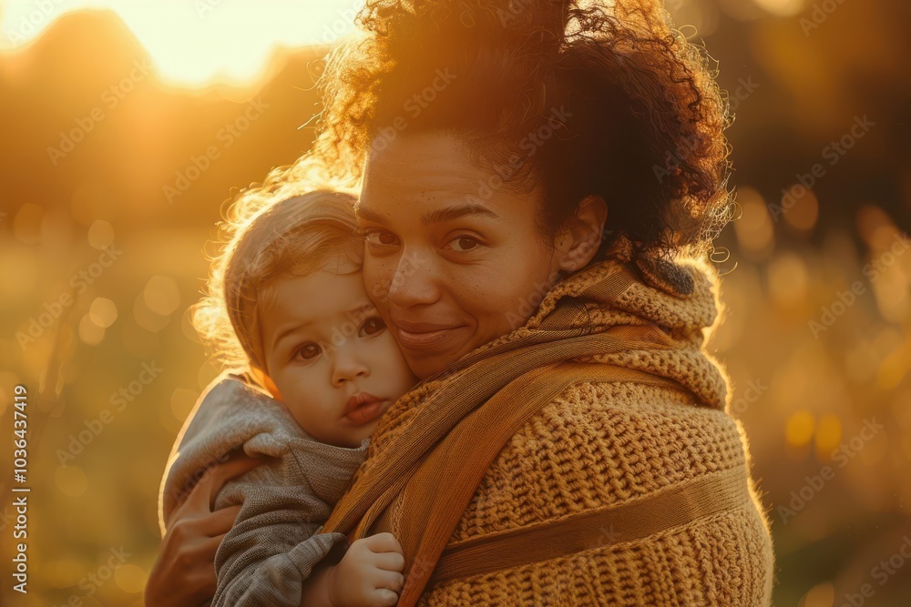 Parent with cramping back, carrying child, park setting, pained expression, golden hour, distant angle, warm tones, serene yet painful Parent with cramping back, carrying child, park setting, pained expression, golden hour, distant angle, warm tones, serene yet painful