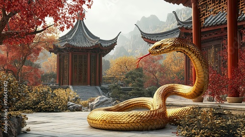 Golden Snake Coiled in Front of a Pagoda and Mountain Range photo