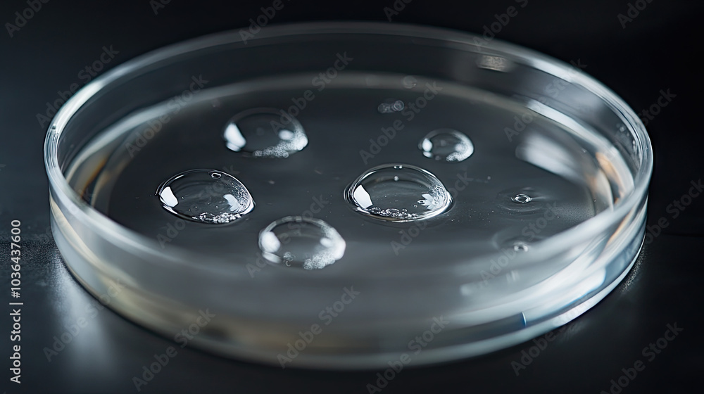 Several drops of transparent serum spread across the surface of a petri dish, with light reflecting off the clear liquid. The droplets seem to float, creating a serene, scientific aesthetic. Several drops of transparent serum spread across the surface of a petri dish, with light reflecting off the clear liquid. The droplets seem to float, creating a serene, scientific aesthetic.