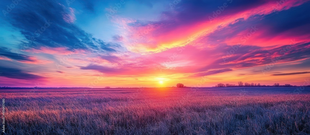 A breathtaking sunrise over a field of golden grass, with vibrant pink and orange hues painting the sky. A breathtaking sunrise over a field of golden grass, with vibrant pink and orange hues painting the sky.
