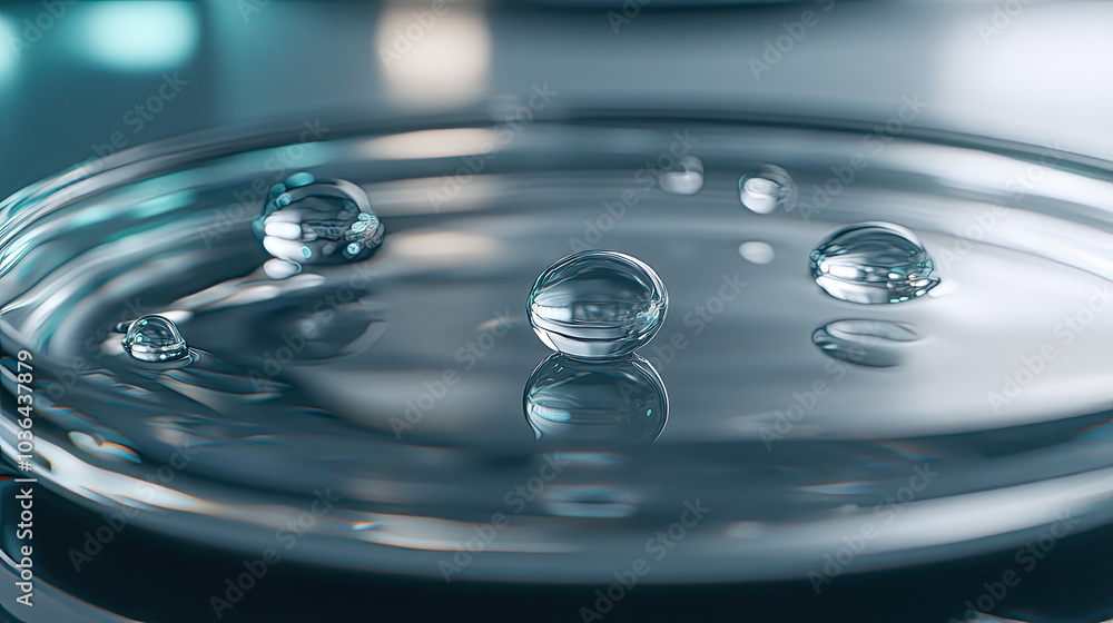 Several small, transparent serum droplets are arranged in a petri dish, the smooth liquid catching the light in a sterile, controlled laboratory environment. The scene feels clean and precise. Several small, transparent serum droplets are arranged in a petri dish, the smooth liquid catching the light in a sterile, controlled laboratory environment. The scene feels clean and precise.