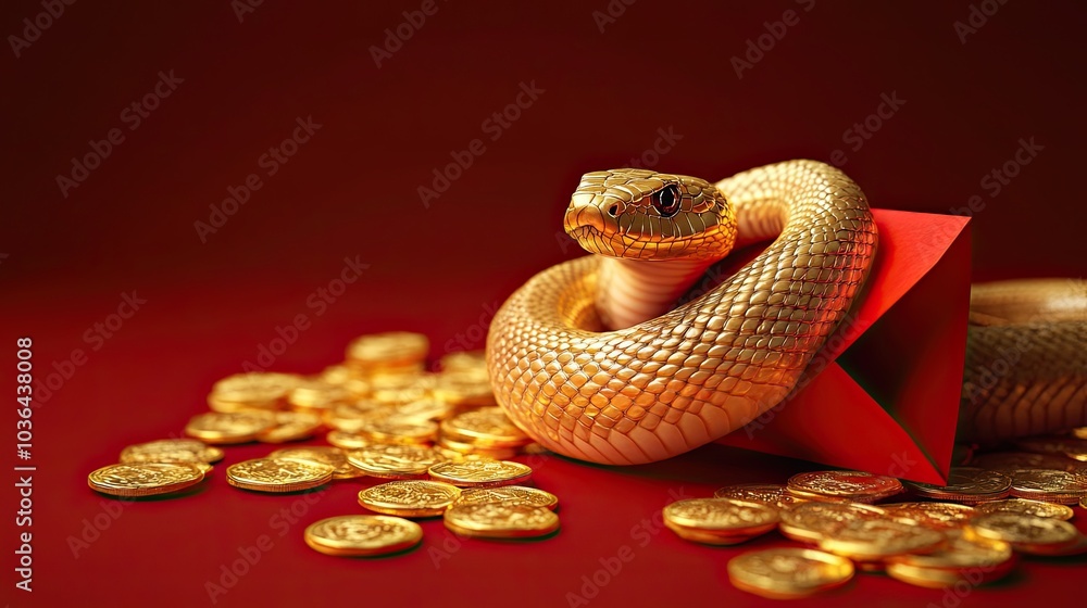 Golden Snake Coiling Around Red Envelope and Gold Coins Golden Snake Coiling Around Red Envelope and Gold Coins