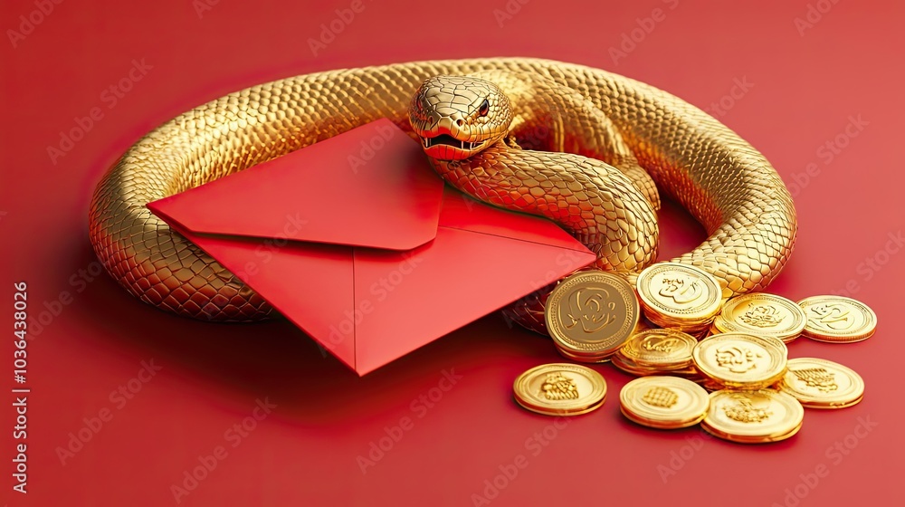 Obraz premium A golden snake curled around a red envelope and gold coins on a red background
