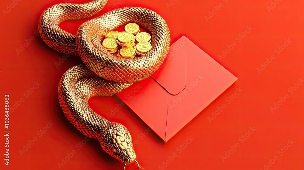 Golden Snake Coiling Around a Red Envelope with Coins Golden Snake Coiling Around a Red Envelope with Coins