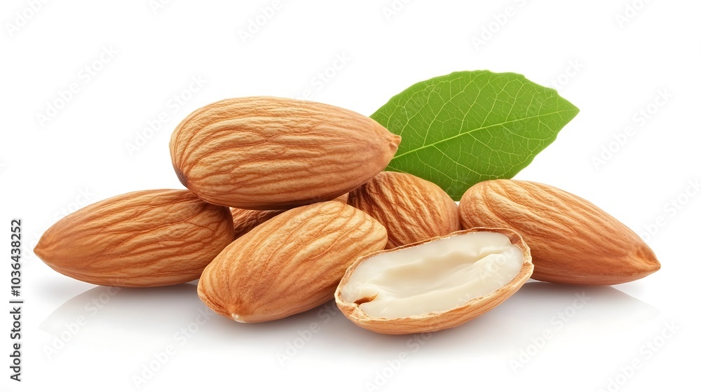 Almonds and Leaf on White Background Almonds and Leaf on White Background