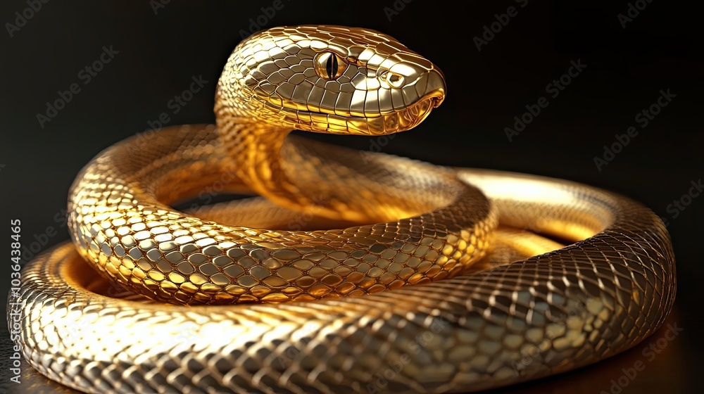 Obraz premium A Golden Snake Coiled on a Black Background