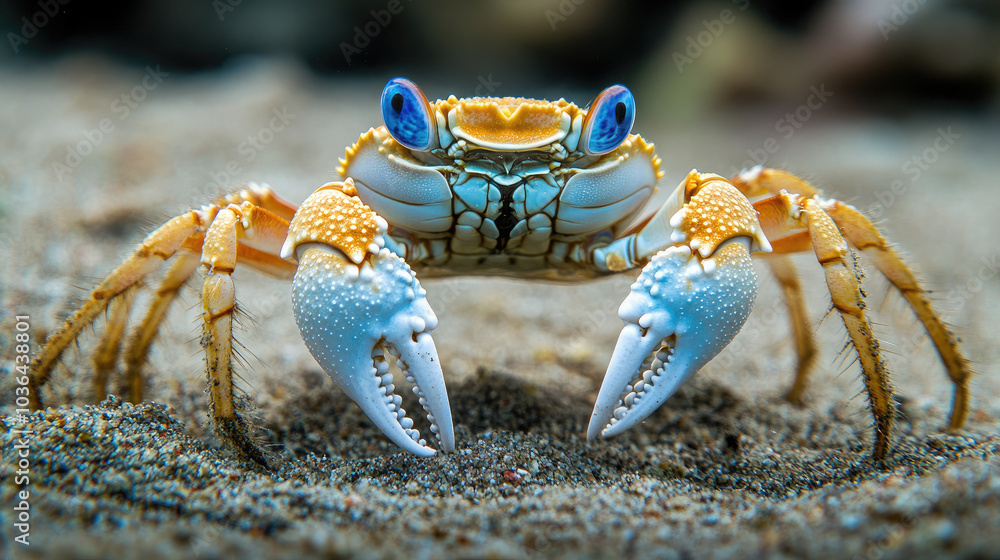 Snow crab crawling on the sandy ocean floor, with its legs extended and claws poised, searching for food. --chaos Snow crab crawling on the sandy ocean floor, with its legs extended and claws poised, searching for food. --chaos