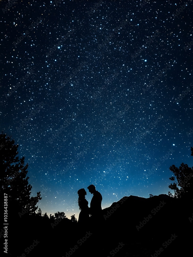 Silhouetted Figures Against Starry Night Sky Evoking Wonder and Silhouetted Figures Against Starry Night Sky Evoking Wonder and