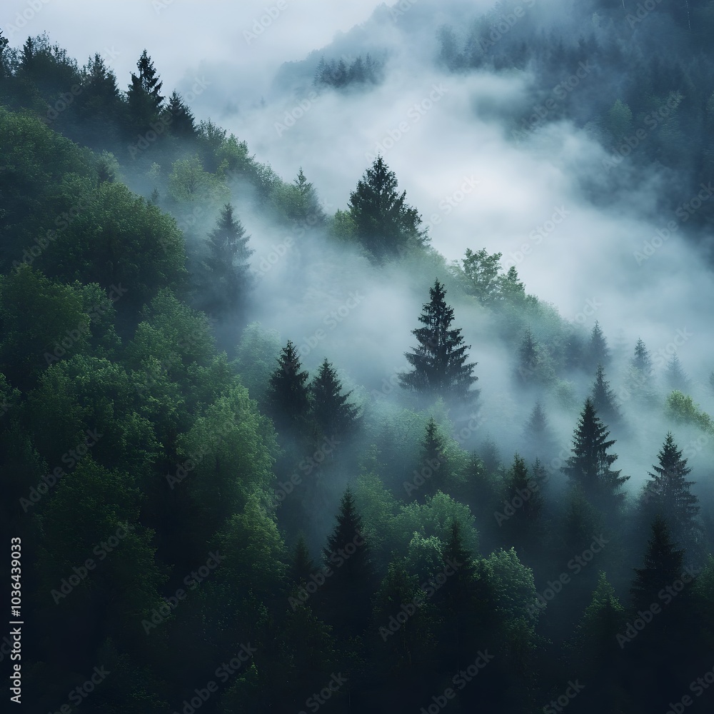 Misty Coniferous Forest Landscape with Ethereal Nature Photography Misty Coniferous Forest Landscape with Ethereal Nature Photography