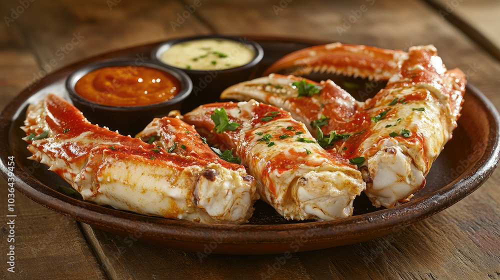 Steaming king crab legs served with a side of dipping sauces and garnished with fresh parsley on a rustic plate. --chaos Steaming king crab legs served with a side of dipping sauces and garnished with fresh parsley on a rustic plate. --chaos