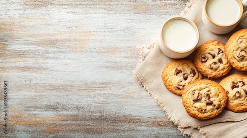 Freshly Baked Chocolate Chip Cookies and Glasses of Milk on Rustic Wooden Background