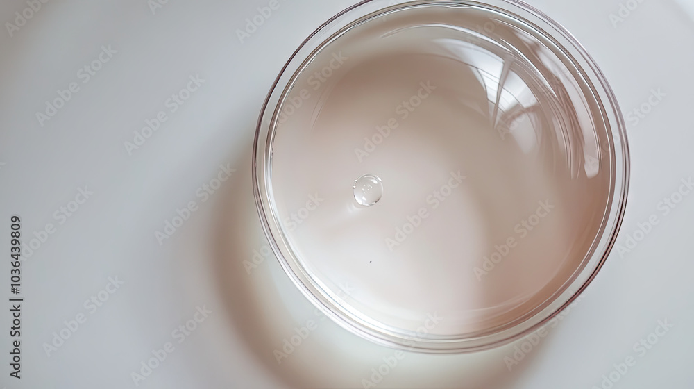 Top-down view of a single, large drop of serum in the center of a petri dish. The transparent droplet refracts light, highlighting its clarity and the cleanliness of the lab environment. Top-down view of a single, large drop of serum in the center of a petri dish. The transparent droplet refracts light, highlighting its clarity and the cleanliness of the lab environment.