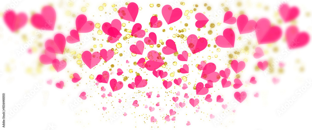 The gradient of the heart shape is blurred on the side, with gold grains scattered without a background. The gradient of the heart shape is blurred on the side, with gold grains scattered without a background.