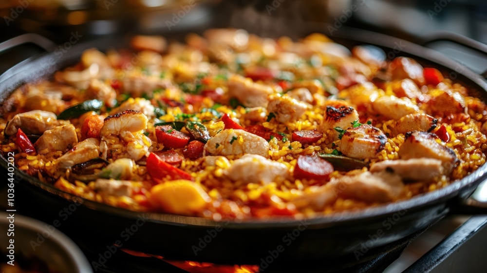 Delicious Paella Dish with Chicken and Seafood Delicious Paella Dish with Chicken and Seafood