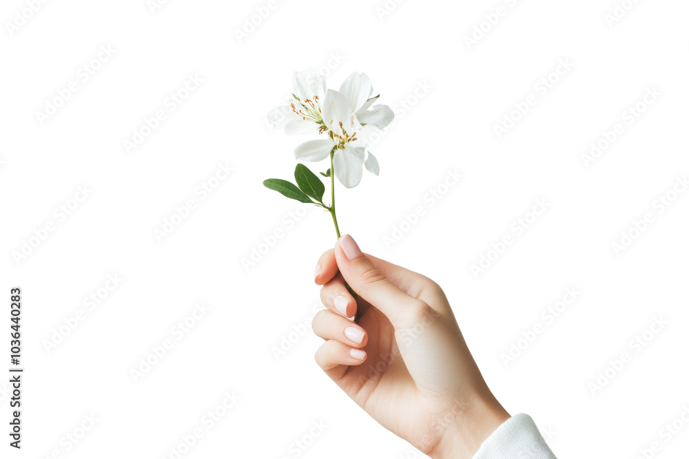 Woman's hand holding flower isolated on white background Woman's hand holding flower isolated on white background
