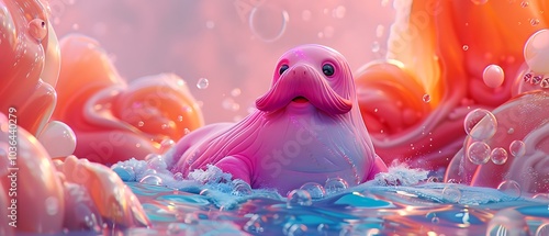 A whimsical pink walrus surrounded by colorful bubbles in a dreamy ocean landscape perfect for whimsical art lovers photo