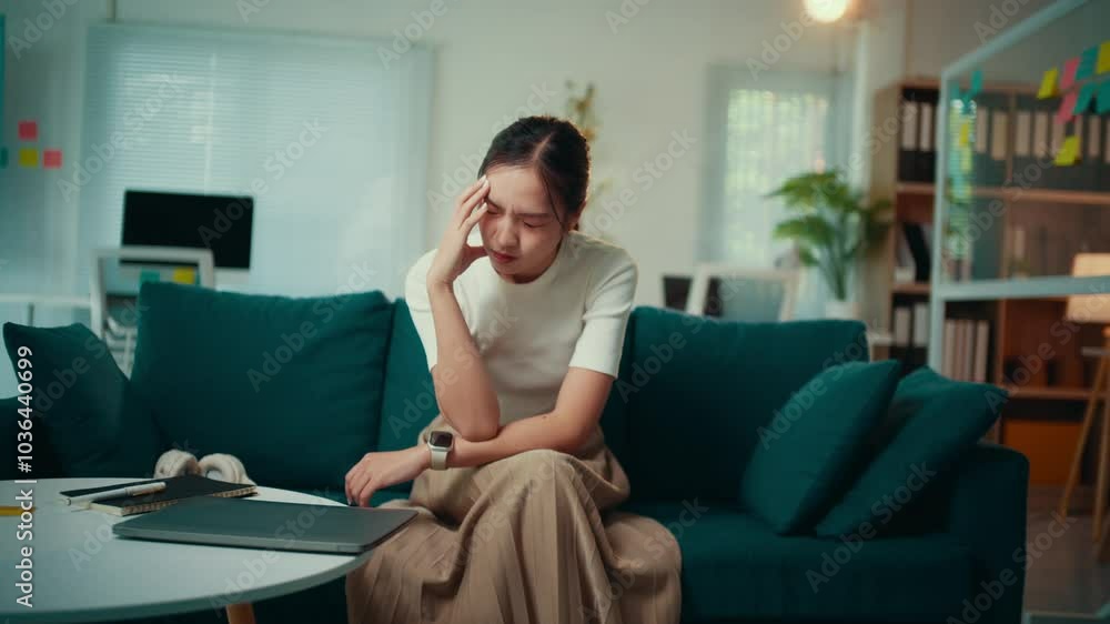 Woman sitting on a couch in a room with a laptop Woman sitting on a couch in a room with a laptop