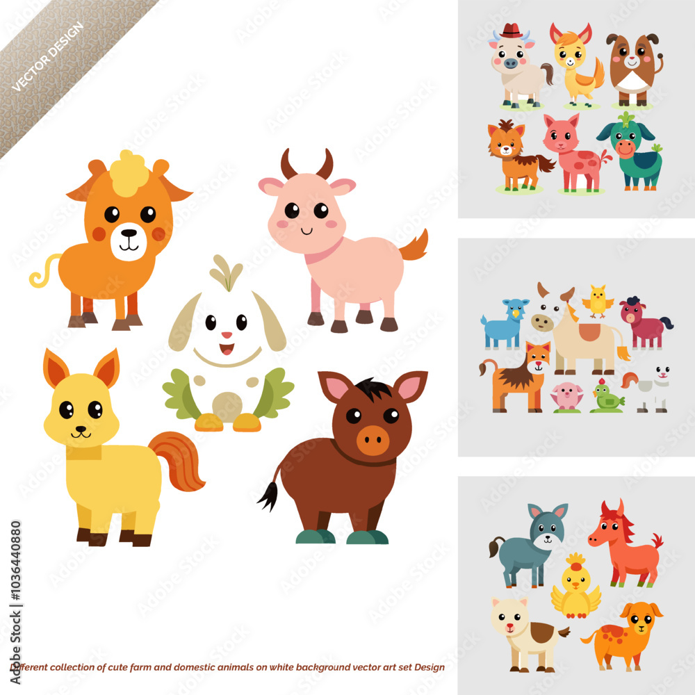Fototapeta premium Different collection of cute farm and domestic animals on white background vector art set Design
