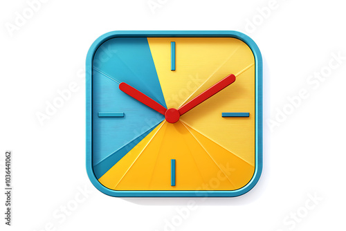 A modern, colorful clock design featuring blue and yellow segments with red hands. photo