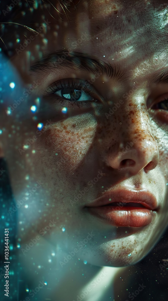 Close-up Portrait of a Woman with Freckles and Dreamy Eyes Close-up Portrait of a Woman with Freckles and Dreamy Eyes