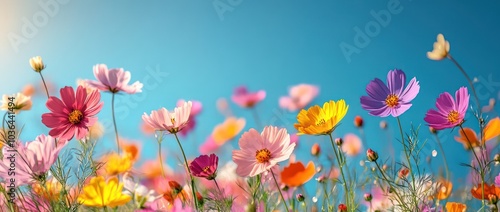 Vibrant Cosmos Flowers Blooming Against Clear Blue Sky