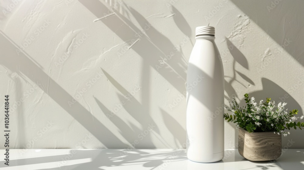 Minimalist white water bottle next to a small flower pot with shadows Minimalist white water bottle next to a small flower pot with shadows