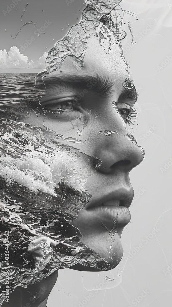 Abstract Portrait: Water and Face in Monochrome Abstract Portrait: Water and Face in Monochrome