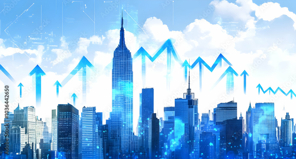 Digital Cityscape with Blue Arrows Pointing Upwards Digital Cityscape with Blue Arrows Pointing Upwards