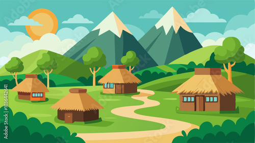 Traditional thatchedroof cottages dot the lush green landscape providing a picturesque scene in this mountain village.