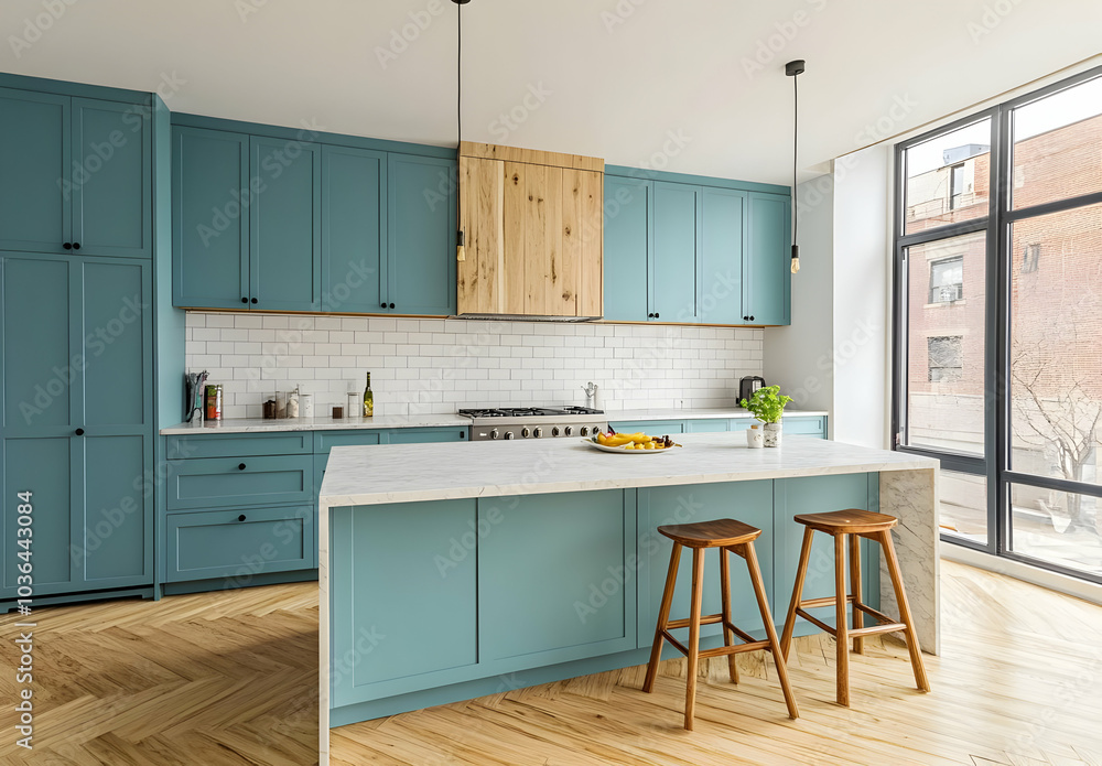 Obraz premium Modern Kitchen with Teal Cabinets and Light Aesthetics