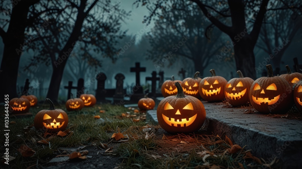A row of jack-o-lanterns with glowing faces sit on the steps of a cemetery at night. The cemetery is shrouded in mist and the air is filled with a spooky atmosphere. A row of jack-o-lanterns with glowing faces sit on the steps of a cemetery at night. The cemetery is shrouded in mist and the air is filled with a spooky atmosphere.