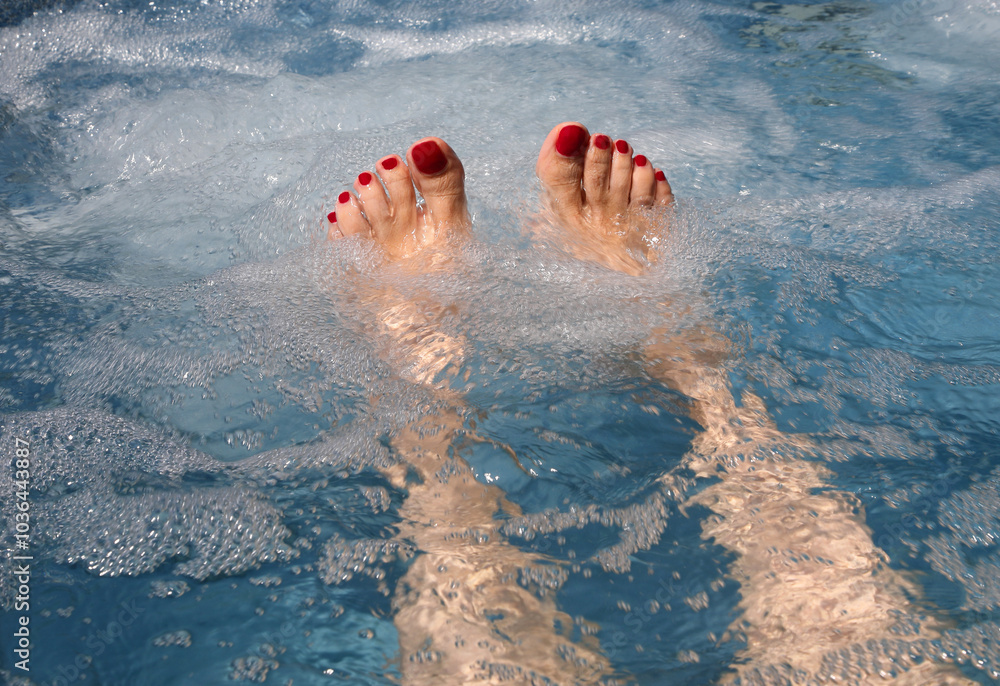 feet with red nail polish surrounded by thousands of tickling and massaging air bubbles in a relaxing spa bath feet with red nail polish surrounded by thousands of tickling and massaging air bubbles in a relaxing spa bath