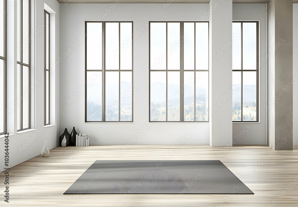Fototapeta premium Minimalist Yoga Studio with Large Windows and Wooden Floor