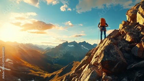 Backpacker Conquering Majestic Mountain Peak at Sunset, mountain photography, mountain climber, mountain peak, mountain view