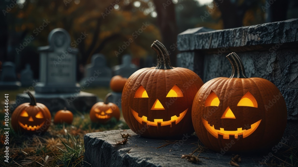 A row of lit jack-o'-lanterns sit on a grave in a cemetery, surrounded by other pumpkins. A row of lit jack-o'-lanterns sit on a grave in a cemetery, surrounded by other pumpkins.