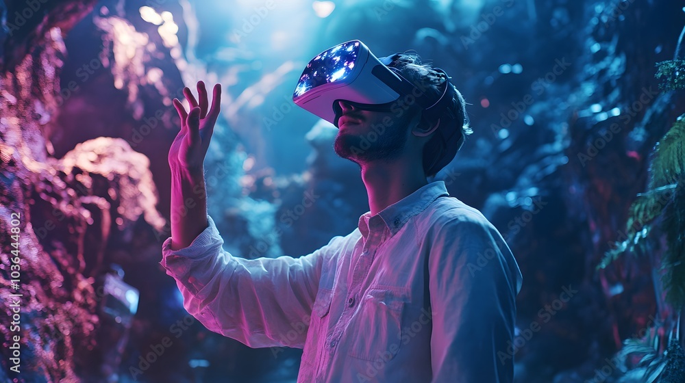 Man Experiencing Virtual Reality in a Neon-Lit Forest Setting Man Experiencing Virtual Reality in a Neon-Lit Forest Setting
