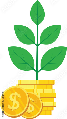 Business investing concept. Coins stack with leaves branch. Financial success and money growth. Flat vector illustration on white background
