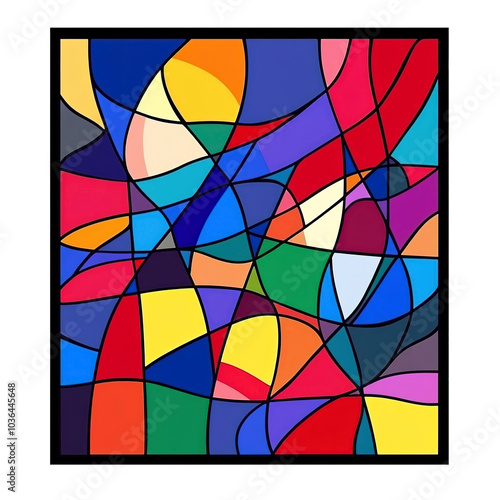 A colorful modern stained glass window, abstract pattern, vector style, bold shapes and hues, isolated on white background 