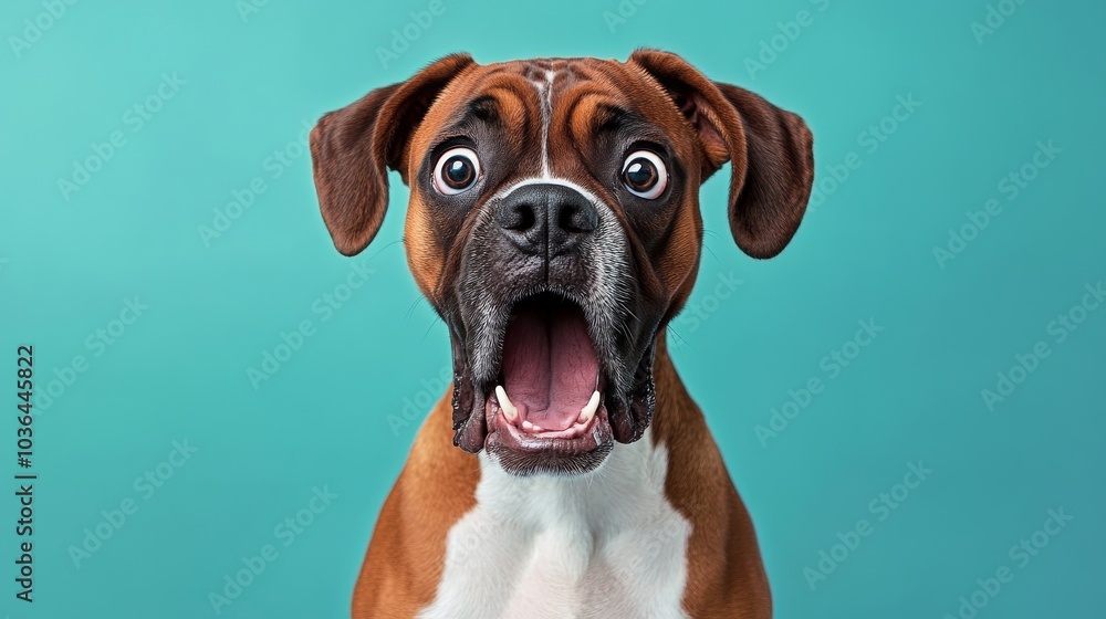 Surprised Boxer Puppy with Open Mouth Against Teal Background, Portrait, Dog, Animal, Pet Surprised Boxer Puppy with Open Mouth Against Teal Background, Portrait, Dog, Animal, Pet