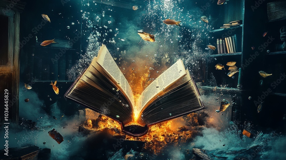 The Book of the Deep An Open Tome Blazing in a Submerged Library, Surrounded by Fish and Air Bubbles, Fantasy, Underwater, Library The Book of the Deep An Open Tome Blazing in a Submerged Library, Surrounded by Fish and Air Bubbles, Fantasy, Underwater, Library