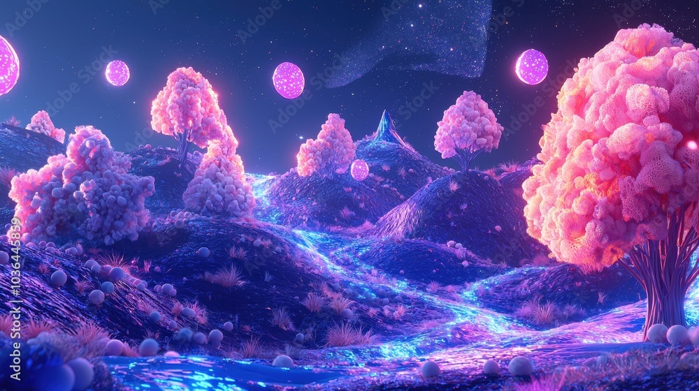 Obraz premium Vibrant Surreal Fantasy Landscape with Glowing Cosmic Elements