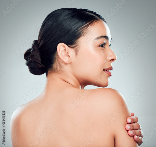 Принти на полотні Thinking, skincare and woman with glow, cosmetics and wellness on gray studio background