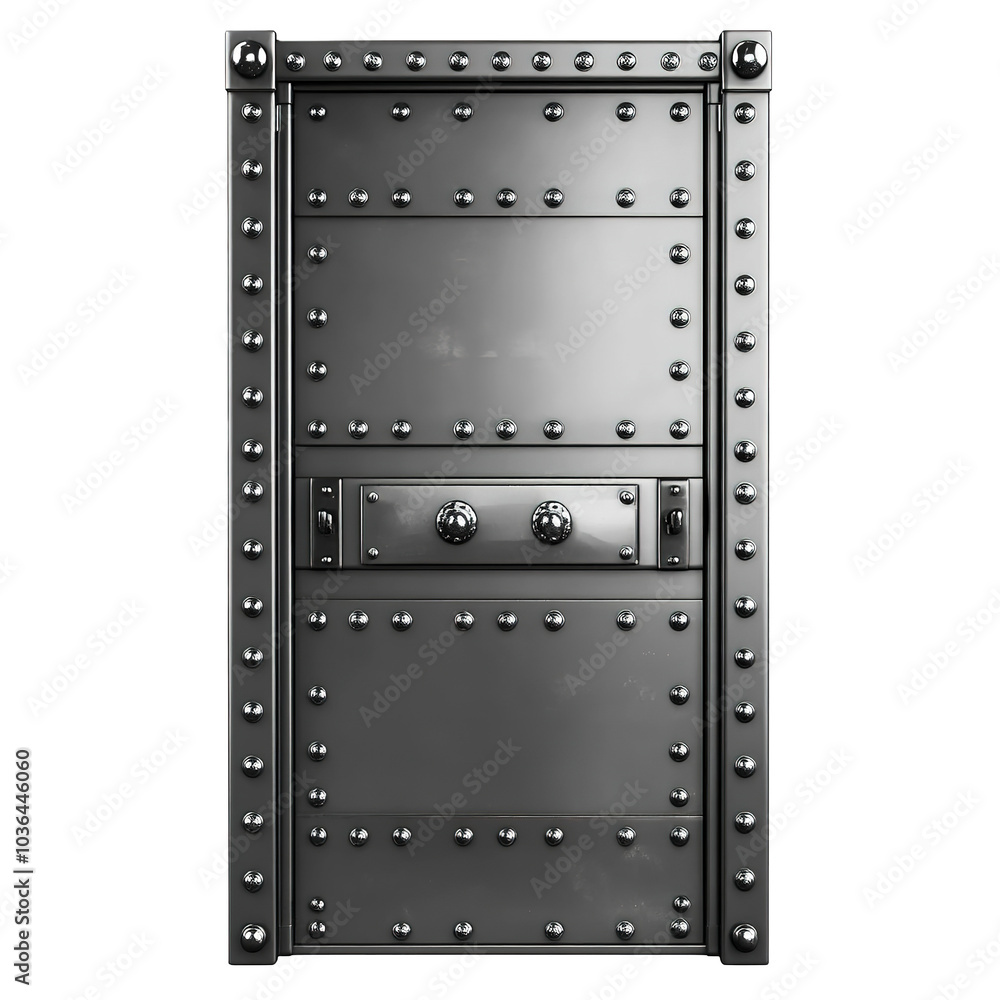 Fototapeta premium Steel security door clipart, industrial element, heavy-duty design, gray metallic, isolated on white background 