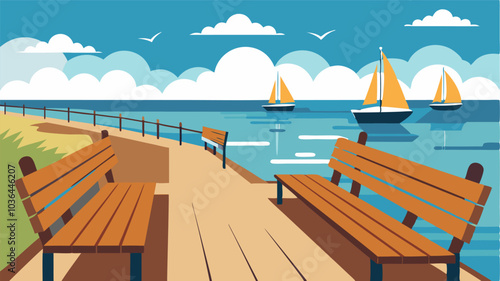 Wooden benches line the boardwalk offering the perfect spot to sit and watch the boats sail in and out of the harbor.