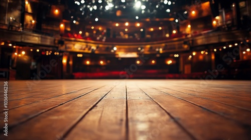 Wooden Stage Floor With Blurry Lights, Stage Lighting , Theater Stage , Performance Space