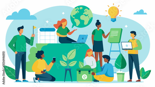 The action group hosts educational workshops on sustainable living practices such as reducing energy consumption and using ecofriendly cleaning products.. Vector illustration