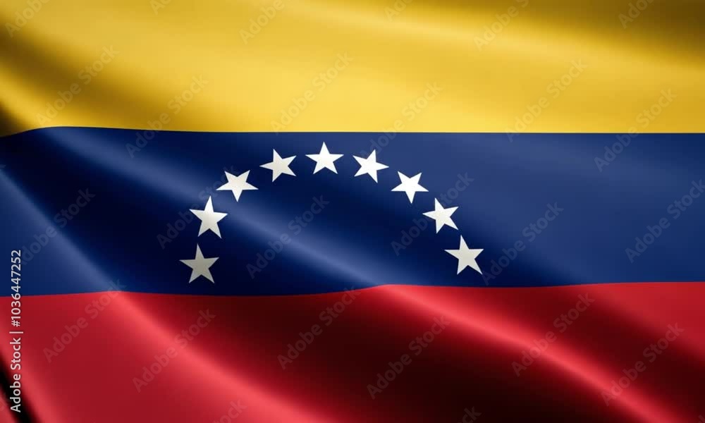 the flag of Venezuela, featuring three horizontal stripes in yellow, blue, and red. A semicircle of eight white stars is centered in the blue stripe the flag of Venezuela, featuring three horizontal stripes in yellow, blue, and red. A semicircle of eight white stars is centered in the blue stripe