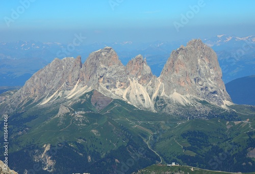 view of the DOLOMITES mountains in the European Alps with the Sasso Lungo mountain group in summer photo