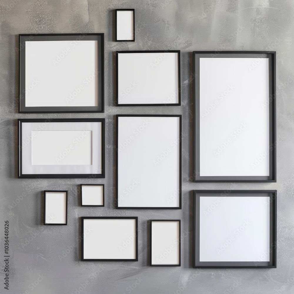 A collection of blank black picture frames in various sizes hangs on a textured gray wall, creating an artistic arrangement perfect for interior design concepts. A collection of blank black picture frames in various sizes hangs on a textured gray wall, creating an artistic arrangement perfect for interior design concepts.