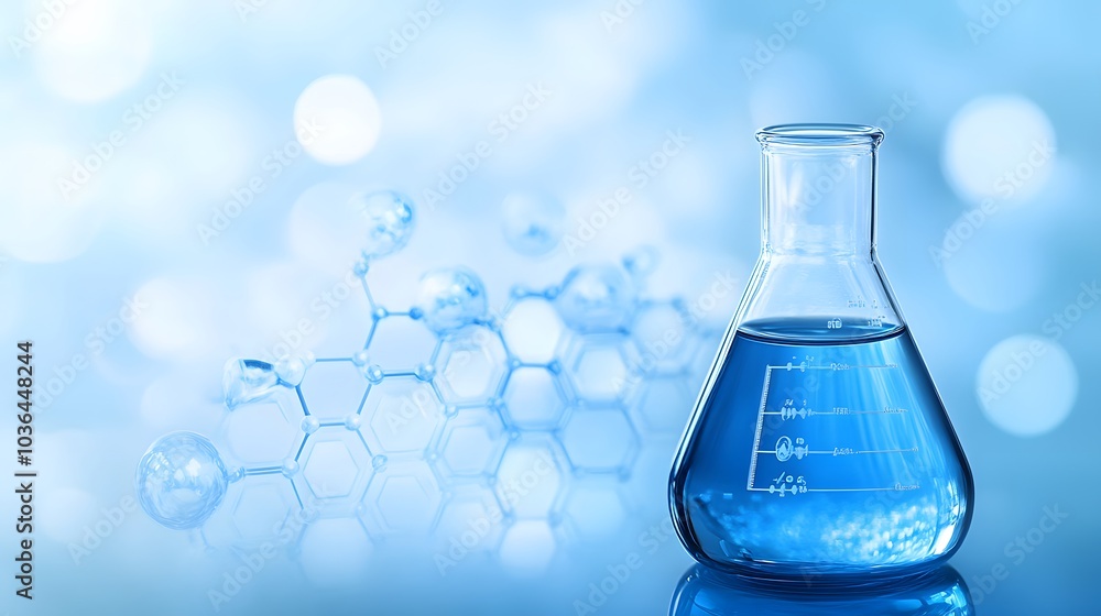 A Glass Erlenmeyer Flask Filled with Blue Liquid and a Molecular Structure in the Background A Glass Erlenmeyer Flask Filled with Blue Liquid and a Molecular Structure in the Background